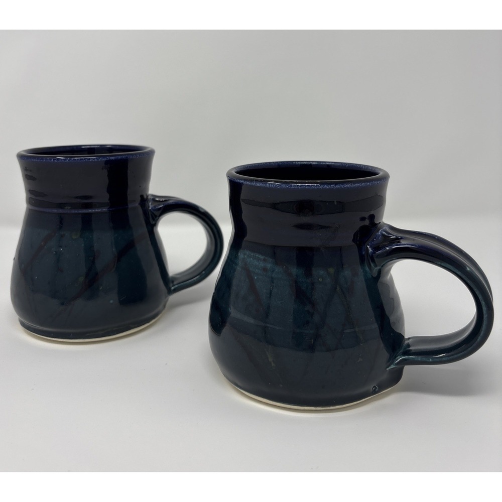 Vtg Studio Pottery Mugs Signed Pair 2001 Wide Base Art Y2K Cozy Holiday Gift